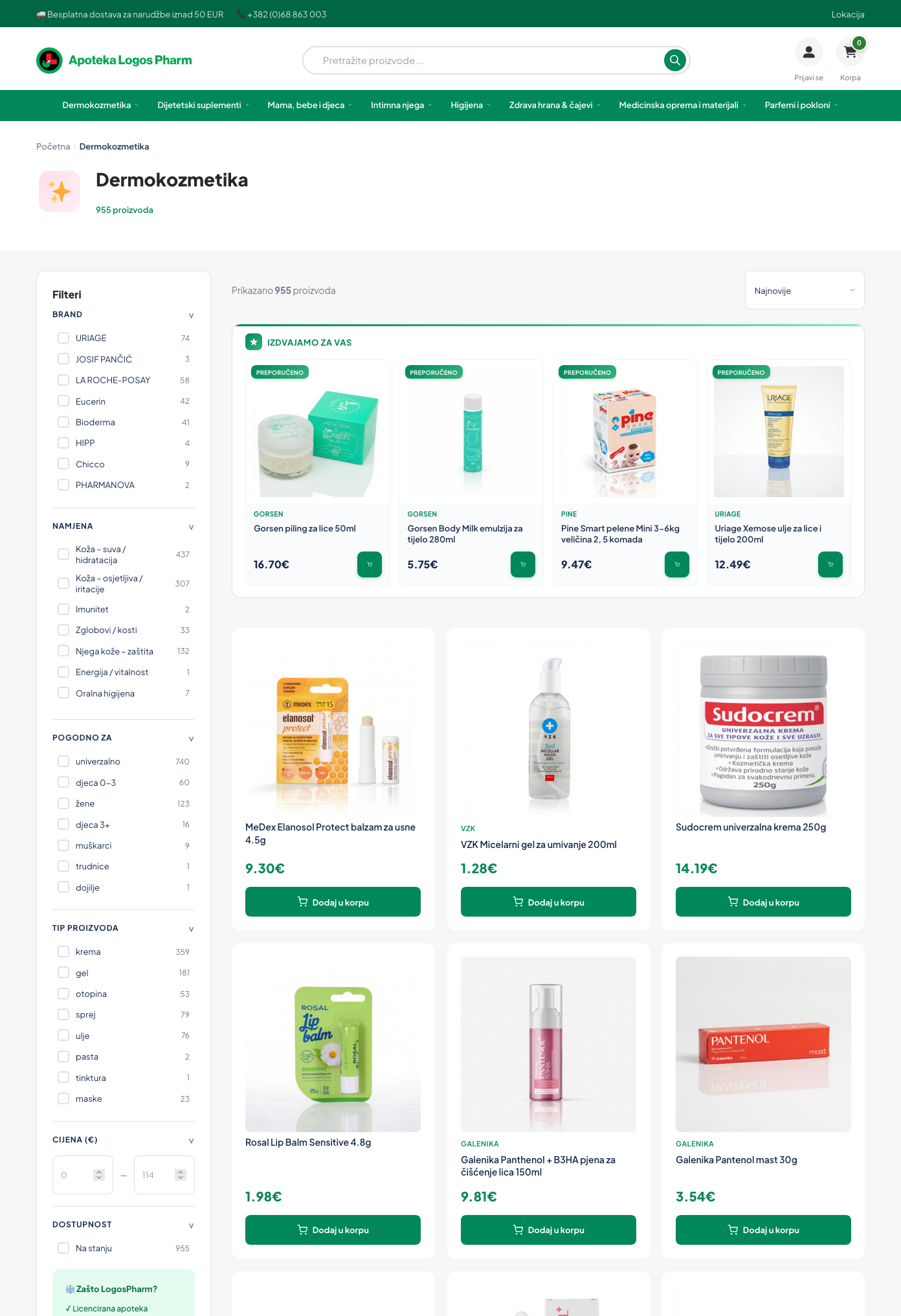 LogosPharm category page — AJAX filtering with brand, price and type filters