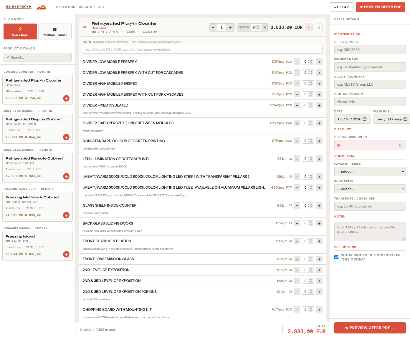 ES SYSTEM K Offer Builder — position configuration with quantities, discounts and accessory selection