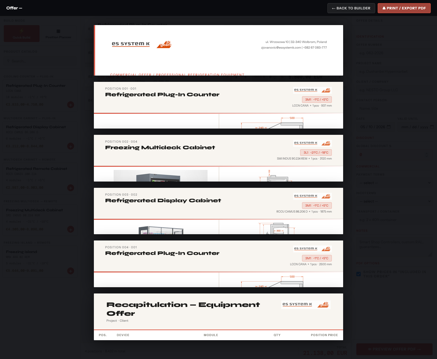 ES SYSTEM K Offer Builder — branded PDF preview with position table, accessories and discount breakdown