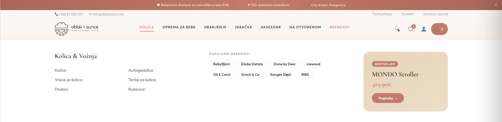 Oblak i Sunce mega menu navigation — full category tree with brand and age filters