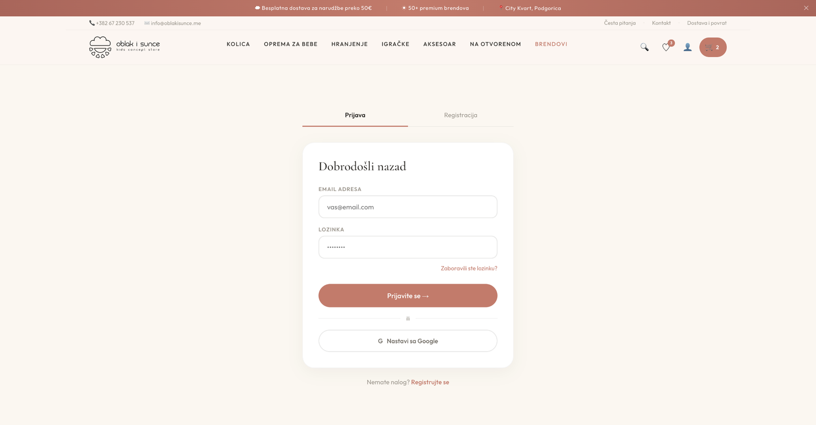 Oblak i Sunce user registration — clean account creation with brand-consistent styling