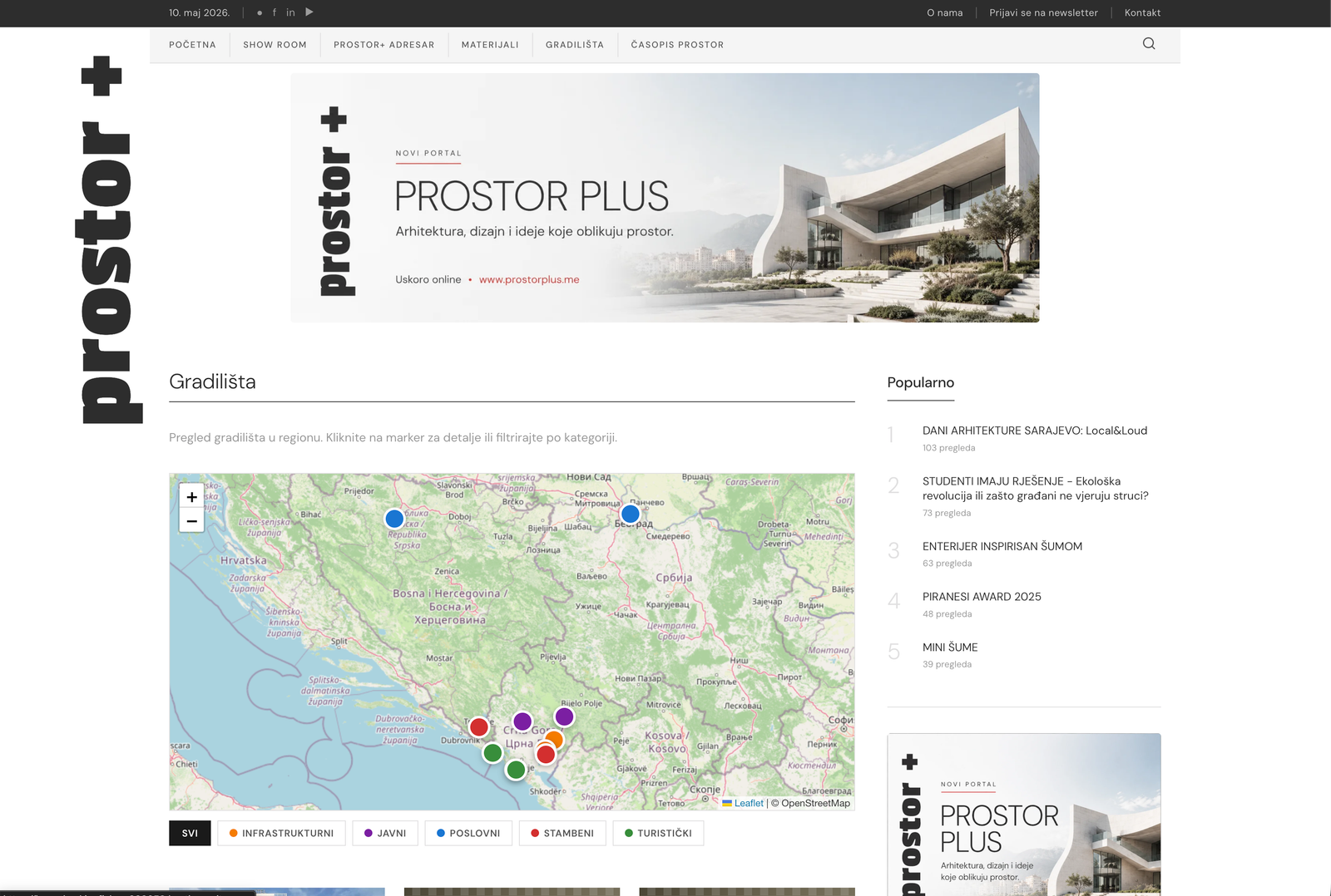 Prostor+ Construction Sites — live map with active project markers across Montenegro
