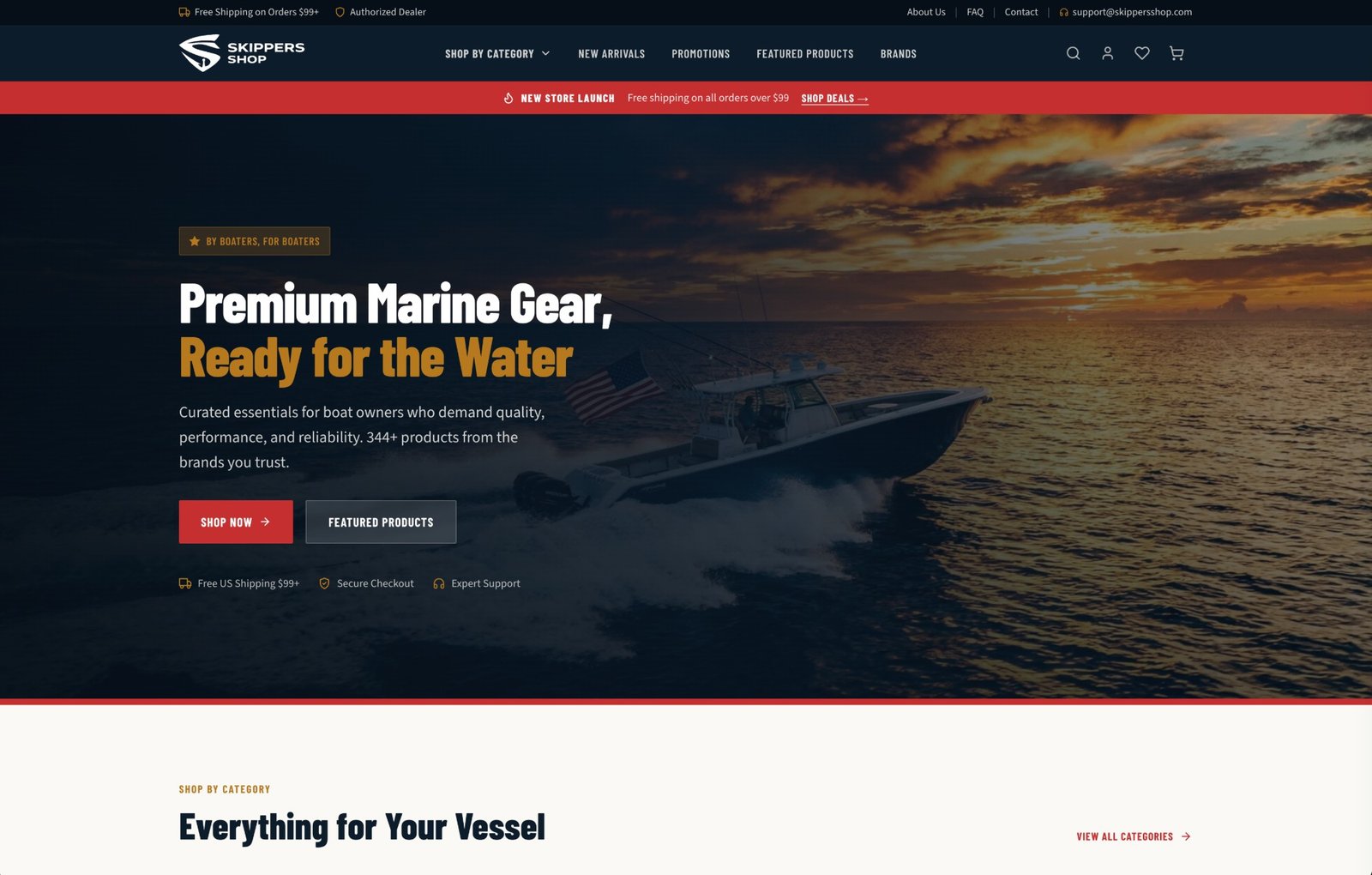 Skippers Shop homepage — premium marine gear hero with sunset ocean backdrop and Shop Now CTA