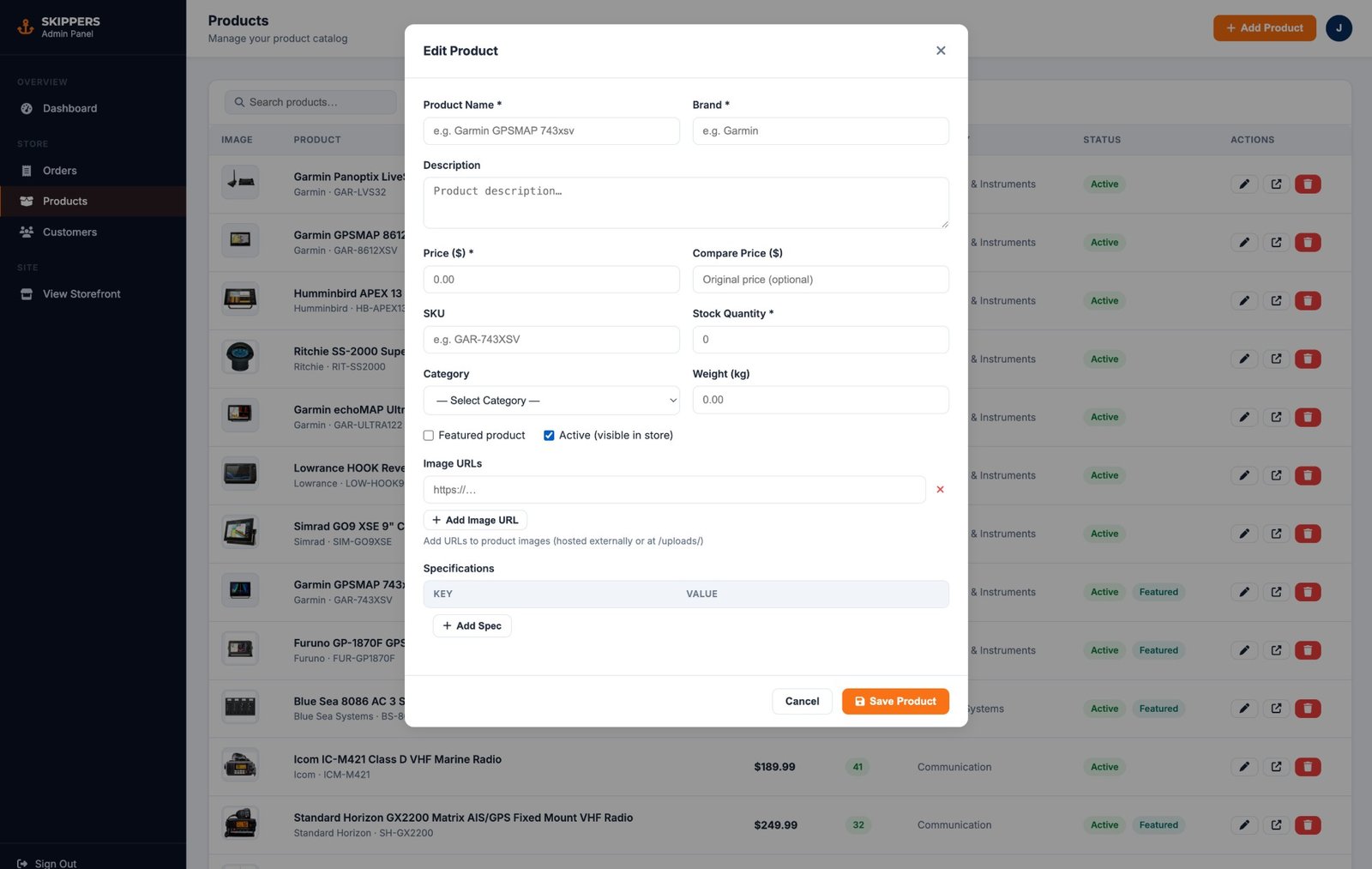 Skippers Shop product editor — name, brand, price, SKU, specs, image URLs, category and featured flag